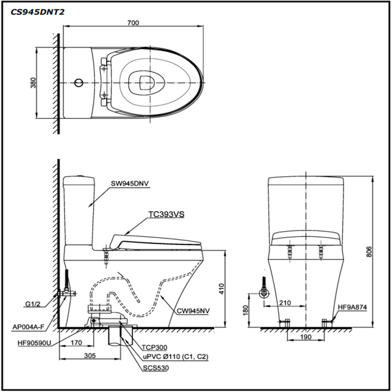 Bồn Cầu ToTo 2 Khối CS945DNT2