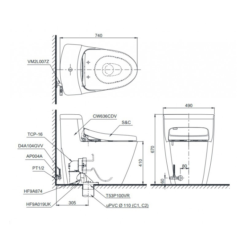 Bồn Cầu ToTo 1 Khối Nắp Rửa Điện Tử MS636CDW10