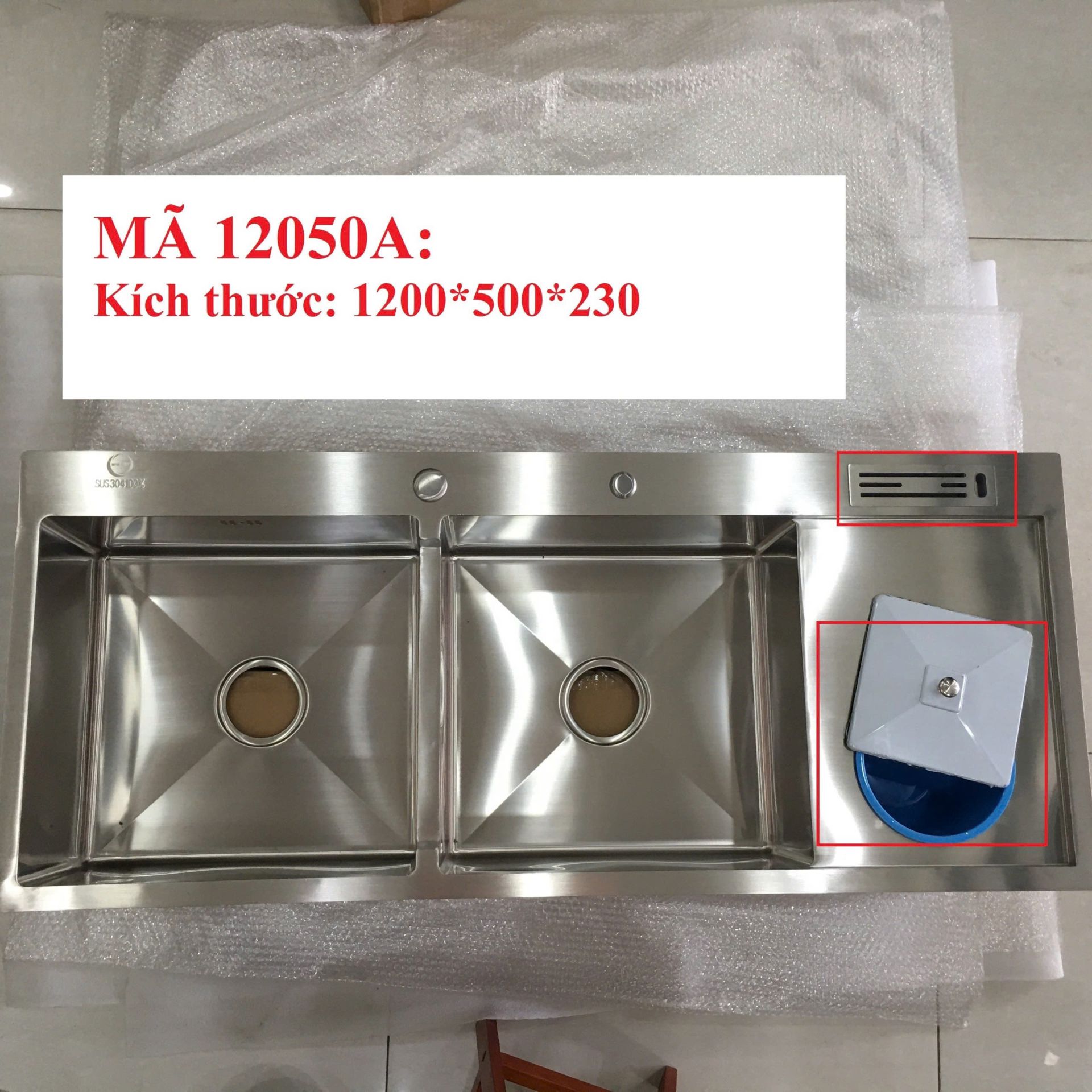 Chậu chén 2 hố + hố rác cài dao12050A