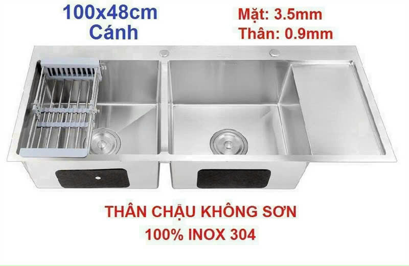 Chậu chén 2 học1 bàn 100x40cm inox 304