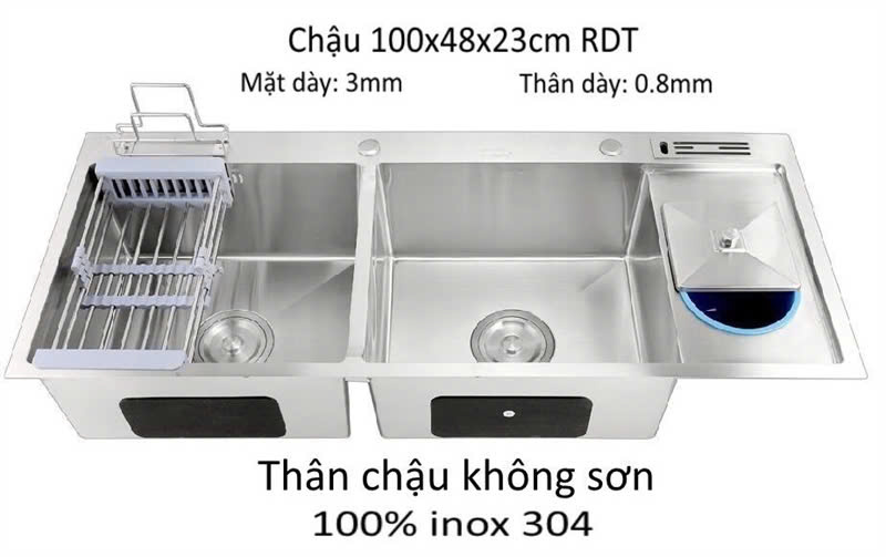 Chậu chén 100x48 rổ rác dao thớt không sơn 304