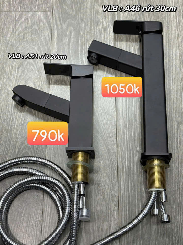 Vòi lavabo nóng lạnh rút đen 30cm A46